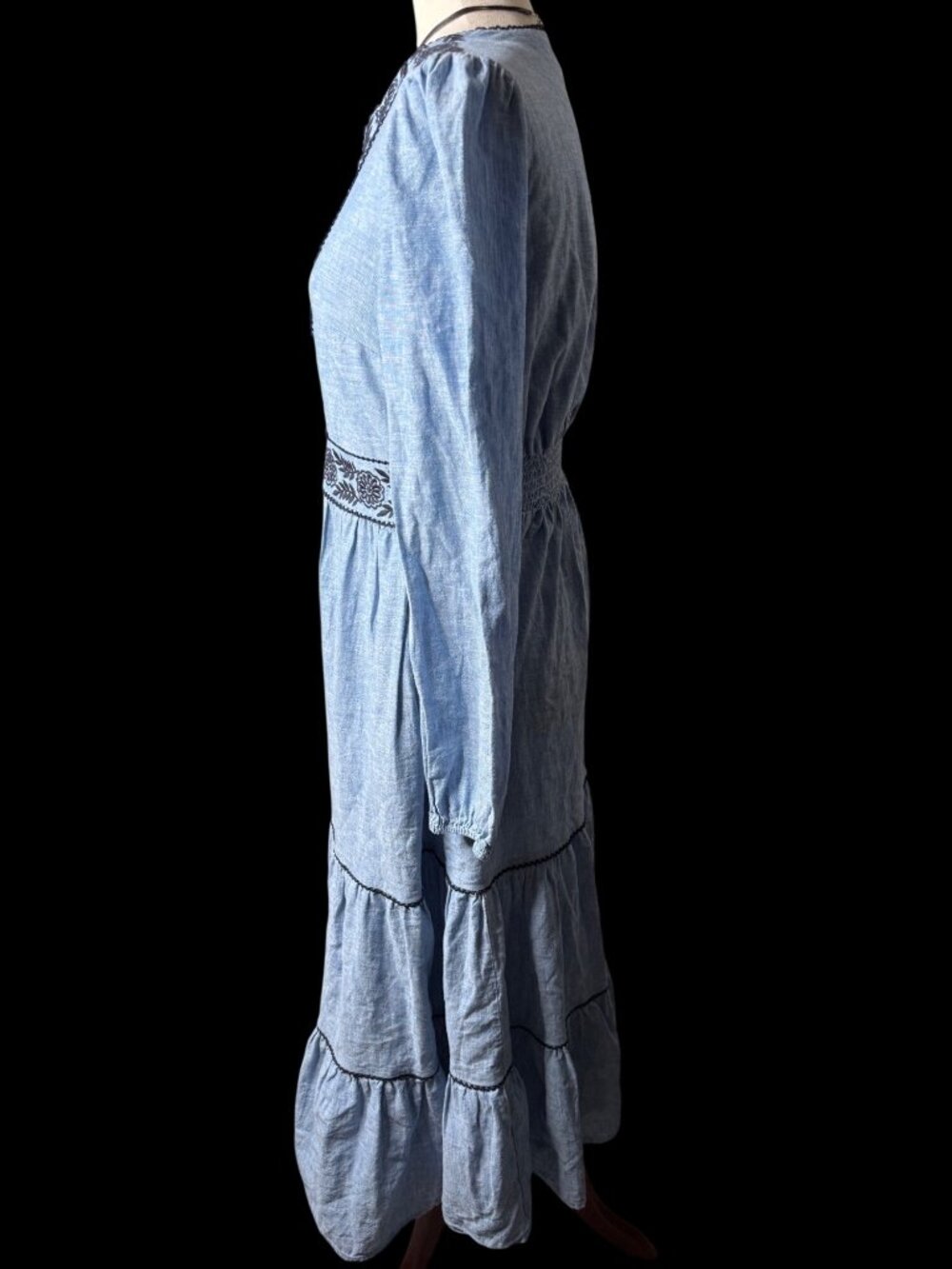 Boden Violet Trim Linen Tiered Maxi Dress Embroidered Size 6 western Boho chic - Picture 10 of 12